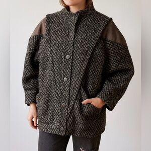 Vintage David Benjamin Wool Tweed & Leather Coat Jacket Funnel Neck Size 14